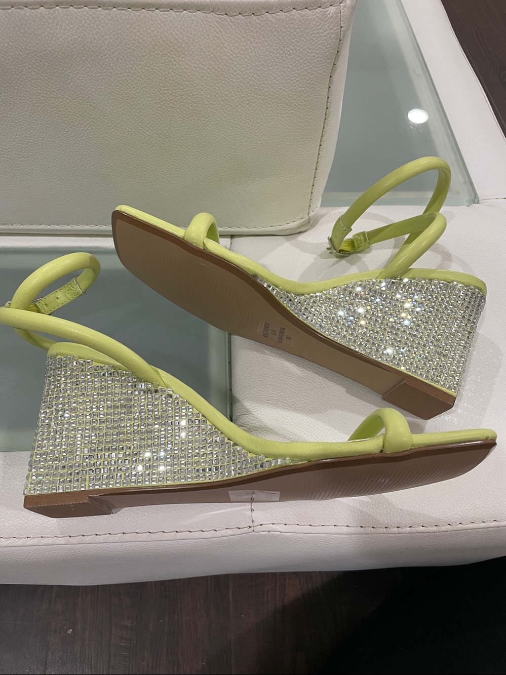 NIB charteuse silver rhinestone 3.4” heels MADDEN GIRL ankle strap